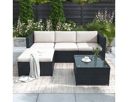Sweiko Loungeset - Poly Rotan - Tuinmeubilair - Hoekbank - Met tafel - Inclusief kussens - Zwart