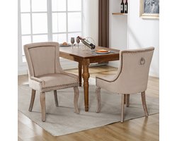 Sweiko Luxe Eetkamerstoelen (Keukenstoelen, Woonkamer Stoelen, 2-delige), Zachte Kussens stoelen met spijkerhoofd decoratie, massief houten poten, fluwelen cover, beige kleur