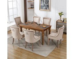 Sweiko Luxe Eetkamerstoelen (Keukenstoelen,Woonkamerstoelen, 6-delige),Gestoffeerde stoelen met nagelkoppen, massief houten poten, fluwelen hoezen, Beige (geen tafel)