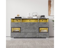 Sweiko Modern dressoir, 140 cm, grijs, met LED verlichting en transparante acryldeuren, 2 deuren, 3 lades plus open opbergruimte, onderkast, opbergkast