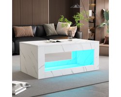 Sweiko Moderne LED Salontafel, Woonkamer salontafel, Sofa tafel, woonkamer tafel, hoogglans salontafel met afstandsbediening, marmer gedrukte grote salontafel (Wit)