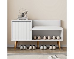 Sweiko Moderne luxe schoenenkast in wit met opbergruimte, gestoffeerde bank en rugleuning, schoenenrek met metalen handvatten en poten, perfect voor de entree, B100/T40/H58 cm