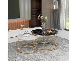 Sweiko Moderne Nesting salontafel, salontafel set marmeren fineer bank side nest van tafels ronde eindtafels, set van 2, gouden kleur frame