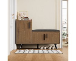 Sweiko Moderne schoenenbank, schoenenkast met drie opbergdeuren met asymmetrische metalen handgrepen en opbergruimte op meerdere niveaus, 100*34*69 cm, bruin