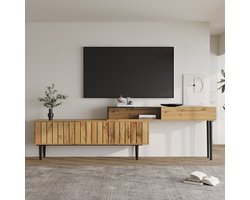 Sweiko Moderne TV stand met marmer en houten korrel ontwerp, pvc rand, ijzeren poten, donkere houten kleur, huisdecoratie, ruimtebesparend
