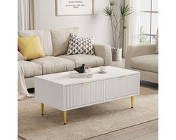 Sweiko Moderne witte salontafel met gouden accenten, 2 laden, verticaal streepontwerp, 100*50*40cm, woonkamer salontafel, sofa kort kabinet