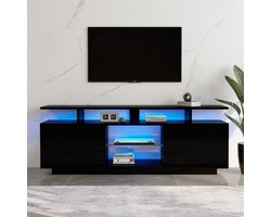 Sweiko Moderne zwarte TV kast met 16-kleuren LED verlichting, 1,4m lengte – stijlvolle opbergkast voor 60-inch TV, 16-kleuren lichtstrip, hoogglans deurpaneel met glazen compartiment, TV bord