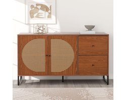 Sweiko multifunctionele kast, ladekast, zijpaneel, met 2 rotan decoratieve deuren en 2 laden, keukenkast, wit bord met metalen handvatten, geschikt voor slaapkamers en woonkamers,