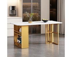Sweiko Opvouwbare eettafel, Multifunctionele uitschuifbare eettafel, Beweegbare eettafel, Uitschuifbare eettafel, Eettafel met lades, Eettafel in 3-vorm, Wit en goud