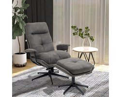 Sweiko Relaxfauteuil - met Kruk - Verstelbare rugleuning - 360° Draaibaar - Microvezel - Donkergrijs