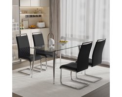 Sweiko Restaurant Stoel set Van 4 Stukken, PU kunstleer en linnen rugleuning, hoge rugleuning zachte kussen zijstoel, kruisrugleuning ontwerp voor restaurant, keuken, en gastenkamer bureaustoelen, Zwart(excl. tafel)