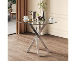 Sweiko Ronde Eettafel - 80 x 80 x 75 cm - Glazen blad - Gegalvaniseerde poten - Minimalistische stijl - Zilver