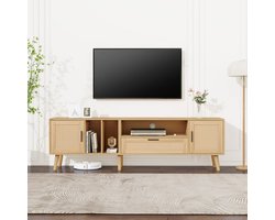 Sweiko Ruime 180-cm TV kast met rotan decoratie, 2-deuren en een lade, massief houten poten, biedt ruimte voor een 80-inch TV, TV opbergkast, TV kast