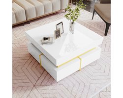 Sweiko Salontafel, Gladde Woonkamer Tafel, Hoogglans, Bijzettafel met laden en gouden decoratie, Wit