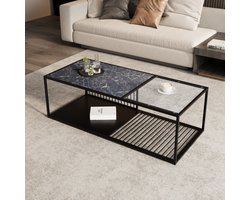 Sweiko Salontafel - Glazen blad - Marmerlook - Grote opbergruimte - Zwart
