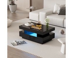 Sweiko Salontafel, Hoogglans, met LED-lichtstrip, Voor en achter vier laden, Grote opbergruimte, Zwart, eenvoudig en stijlvol
