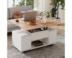 Sweiko Salontafel - In hoogte verstelbaar tafelblad - Opbergruimte - Om te vormen tot eettafel/bureau - Met wieltjes - 4 krukken - Wit + Naturel