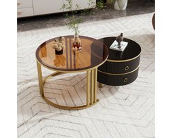 Sweiko Salontafel, Medium density Vezelplaat 2-in-1 Ronde Salontafel, gehard glas randtafel met 1 Zwart tafelblad en 1 Bruin tafelblad, salontafel combinatie met 2 lades in de woonkamer, 70x70x45 en 50x50x40 centimeter