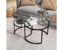 Sweiko Salontafel - Set van 2 - Ronde stapelbare tafels - Glazen tafelblad - Zwart