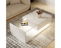 Sweiko Salontafel, Sofa tafel, Woonkamer tafel, Glad wit, bijzettafel, salontafel met glas en LED effect, met laden en opslagruimte
