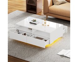 Sweiko Salontafel, Sofa tafel, Woonkamer tafel met 4 laden, Hoogglans,moderne centrale tafel met 16 kleur LED verlichting, woonkamer slaapkamer, USB, Wit