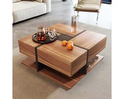 Sweiko Salontafel, tafel met 4-laden, unieke kleur matching en lijn ontwerp, opbergruimte aan de onderkant, 78*78*36cm. Verzending in 2 afzonderlijke pakketten, Installatie vereist