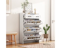 Sweiko Schoenenkast - 3 grote kleppen - 2 laden - houten schoenenkast - 80*23.5*131cm - Wit