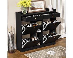 Sweiko Schoenenkast - 4 draaideuren - 2 laden + 3 open vakken - Modern - 110 x 26 x 100 cm - Zwart