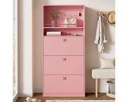 Sweiko Schoenenkast - Halmeubel - 3 vakken met klep - 2 open planken - Goudkleurige klavertjevier-grepen - 80 × 24 × 178.5 cm - Roze
