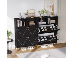 Sweiko Schoenenkast - Halmeubel - Set van 2 - Open planken - MDF - Metalen poten - Zwart