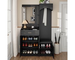 Sweiko Schoenenkast - Kapstok - Compact - Halmeubel - Met spiegel - Laden - Zwart