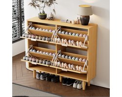 Sweiko Schoenenkast met 4 vouwladen, rotan schoenenkast met metalen handgrepen, houten meubels, rustieke stijl, 100 x 25 x 90 cm