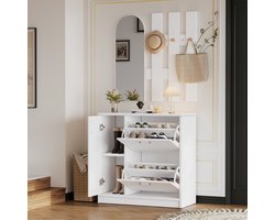 Sweiko Schoenenkast - met Spiegel - 3 haken - Halmeubel - Klepdeuren - Wit