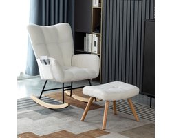 Sweiko Schommelstoel - Ergonomisch - Met hocker - Rubberhout frame - Teddy fauteuil - Wit