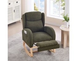 Sweiko Schommelstoel - Houten frame - Verstelbare voetsteun - Hoge rugleuning - Teddy - Olijfgroen