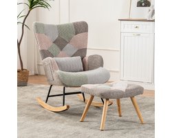 Sweiko Schommelstoel met voetenbank en lendenkussen, frame van rubberhout, veelkleurig design, loungestoel
