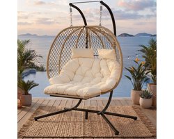 Sweiko Schommelstoel - Tuinhangstoel - Met kussen - Voor binnen en buiten - Metalen frame - Beige + Zwart