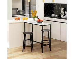 Sweiko Set tafel en stoelen - 1 Tafel - 2 Barkrukken - Marmeren tafelblad - Stalen frame - Wit + zwart