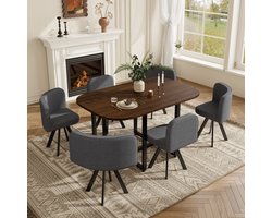 Sweiko Set tafel en stoelen - Inclusief 6 linnen eetkamerstoels - Eettafel (140 x 90 cm) - Walnoothoutlook - Grijs