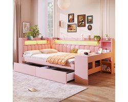 Sweiko Slaapbank - 140 x 200 cm - USB-poort - LED-verlichting - Met bureau - 2 lades - Kinderbed - Roze