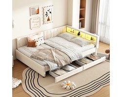 Sweiko Slaapbank - 140 x 200 cm - USB + Type-C - LED-verlichting - 2 lades - Linnen - Beige