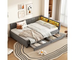 Sweiko Slaapbank - 140 x 200 cm - USB + Type-C - LED-verlichting - 2 lades - Linnen - Grijs