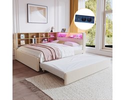 Sweiko Slaapbank - 140*200cm - met Uittrekbaar bed - LED verlichting + oplaadpoort + opbergvak - Flanel - Beige