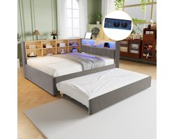 Sweiko Slaapbank - 140*200cm - met Uittrekbaar bed - LED verlichting + oplaadpoort + opbergvak - Flanel - Donkergrijs