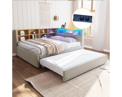 Sweiko Slaapbank - 140*200cm - met Uittrekbaar bed - LED verlichting + oplaadpoort + opbergvak - Flanel - Lichtgrijs