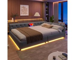 Sweiko Slaapbank - 140x200 cm - LED-verlichting - Gestoffeerd bed - USB+Type-C - Linnen - Grijs