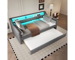 Sweiko Slaapbank - 90 x 200cm - LED verlichting - Uitschuifbaar bed - USB oplaadstopcontact - Linnengoed - Zonder matras - Grijs