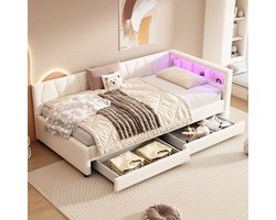 Sweiko Slaapbank 90*200 cm, met opbergvak, opladen via USB+type C, LED-verlichting, 2 lades, lattenbodem zonder matras, linnen, beige