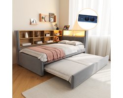 Sweiko Slaapbank - 90*200cm - met Uittrekbaar bed - LED verlichting + oplaadpoort + opbergvak - Flanel - Donkergrijs