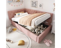 Sweiko Slaapbank - 90x190 cm - Kinderbed - Opbergruimte - Velvet - Zonder matras - Roze